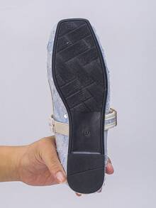 Plus Size EU35-43 Fashionable Sequin Square Toe Flat Shoes, Slip-On Daily Wear Flat Shoes With Buckle, Suitable For Dresses, Multiple Colors & Patterns Available, Spring/Autumn - Light Blue Lace With White Sequins - View 8