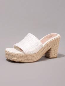 麻绳坡跟凉鞋，露趾绑带，夏季度假休闲高跟防水一脚蹬拖鞋，日常时尚女鞋 - 白色 - 查看 17