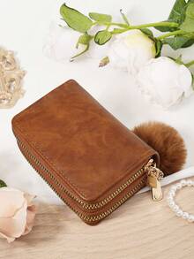 Decorative Plush Ball Pendant, Brown Letter Pattern Multi-Card Slot Wallet With Zipper Coin Pouch - Multifunctional RFID Blocking Card Holder For School, Dorm, Travel And Daily Use - Brown - View 4