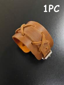 Xiacheng 1pc Brown Genuine Leather Bracelet, Adjustable Men's Leather Cuff Bracelet, Jewelry Gift