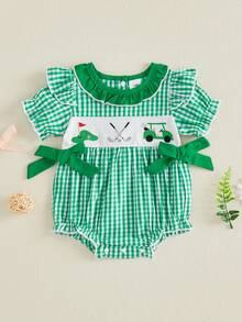 Baby Girls Romper, Short Sleeve Crew Neck Plaid Embroidery Infant Bodysuit Summer Clothes - Green - View 2