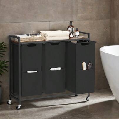 3-Section Clothes Hamper Cart, Removable Bags, Laundry Organizer With Storage Shelf, For Home, Wheels, Black And Brown