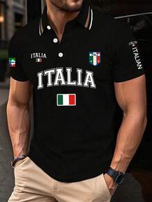 Italian Flag Pattern Short Sleeve Men's Fashion Ribbon Polo Shirt, Suitable For Casual Daily Wear, Outdoor - Black - View 1