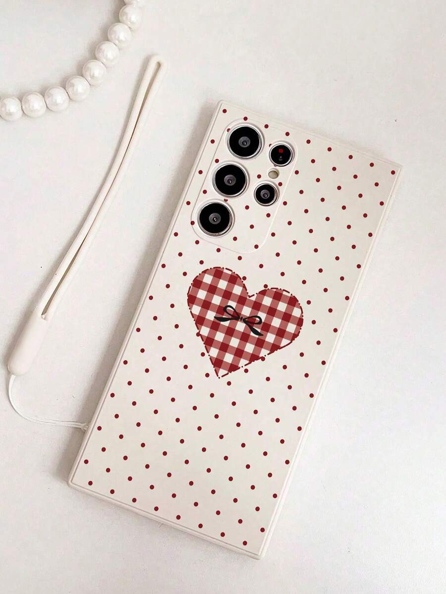 Perforated Straight Edge Polka Dot Bow Heart Painted Silicone Wrist Strap Thick Shockproof Phone Case Compatible With Samsung Galaxy S25/S25PLUS/S25 Ultra/A16/A36/A26/A56/A50/A12/A32/A52/A72/A51/A21S/A13/A14/S24/S24PLUS/S24Ultra,S22/A52/A53/A54/A55S23/ Compatible With Xiaomi 11/12Pro/12/12X/13/14/15/13Pro/14Pro/15Pro/, Compatible With Redmi 10/9/Note9/12c/Note11pro/Note8Pro - Multicolor - View 1