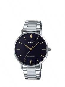 Casio Reloj analógico de acero inoxidable minimalista con esfera negra y tres manecillas, regalo para hombres - Negro - Ver 9