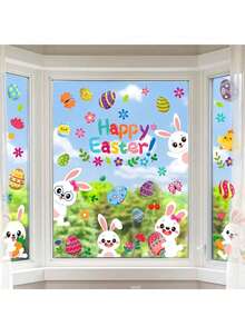 137pcs/9sheets Easter Cartoon Rabbit & Egg Static Cling Window Stickers, Double-Sided Colorful Egg Rabbit Chick Flower Glass Window Decals, Reusable, Holiday Shop Window Decor, Home Decoration, Party Supplies - Multicolor - View 2