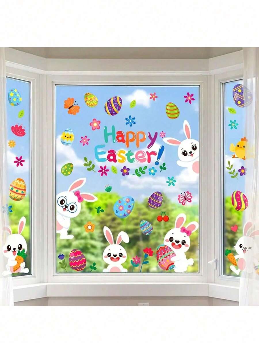 137pcs/9sheets Easter Cartoon Rabbit & Egg Static Cling Window Stickers, Double-Sided Colorful Egg Rabbit Chick Flower Glass Window Decals, Reusable, Holiday Shop Window Decor, Home Decoration, Party Supplies - Multicolor - View 1