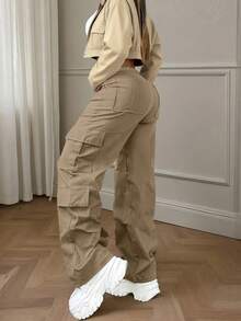 纯色多口袋纽扣休闲Y2K风格优雅可爱轻便工作裤。适合返校、毕业典礼、俱乐部、生日派对、万圣节、新年、感恩节、音乐会、健身房、海滩、度假、商务、日常外出、运动、机场穿搭、街头风、教师节、春季、夏季、秋季和冬季穿着。 - 深卡其 - 查看 4