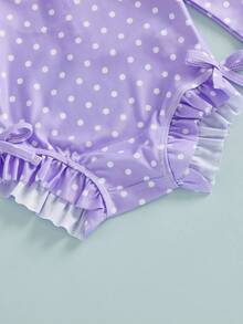 Baby Girl Polka Dot Long Sleeve Rash Guard Swimsuit Set Ruffle One Piece Bathing Suit Bow Swim Cap Infant Beach 2Piece Set - Purple - View 7