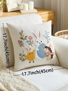 1pc Easter Bunny & Eggs Embroidered Decorative Pillow Cover, Spring Floral Cushion Cover, Suitable For Indoor Decor, Spring/Summer Decorative Pillow Case, Pillow Insert Not Included - Multicolor - View 4