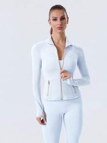 Women Slim Fit Sports BBL Jacket With Thumb Hole Stand Collar Zip Up - Tinh bột xanh/vàng - Xem 3