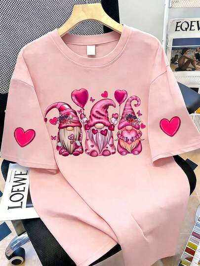 Women's Valentine's Day Short-Sleeved T-Shirt With Dwarf Print, Adorned With Heart Balloons And Butterflies. A Casual Round-Neck Top, Valentine's Day Gift,Perfect For Valentine's Day.