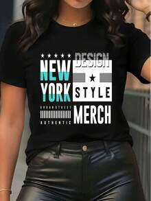 Camiseta gráfica de manga corta para mujer con estampado de letras y estrellas de Nueva York, cuello redondo, casual, para uso diario en verano - Negro - Ver 1