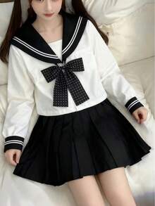 Kawaii Academy 風水手服領 Cosplay 制服，附領結與百褶裙，日系女學生風長袖套裝，2 件式 JK 水手服 - 彩色 - 查看 5