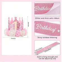 一套婴儿生日派对用品，闪光面料和缎面材质，适合2/3/4/5岁宝宝生日，包括皇冠头饰、花冠头饰、印有“It's My Birthday”字样的缎带腰带、5英寸发箍，公主风派对用品，庆典服装配饰 - 彩色 - 查看 3