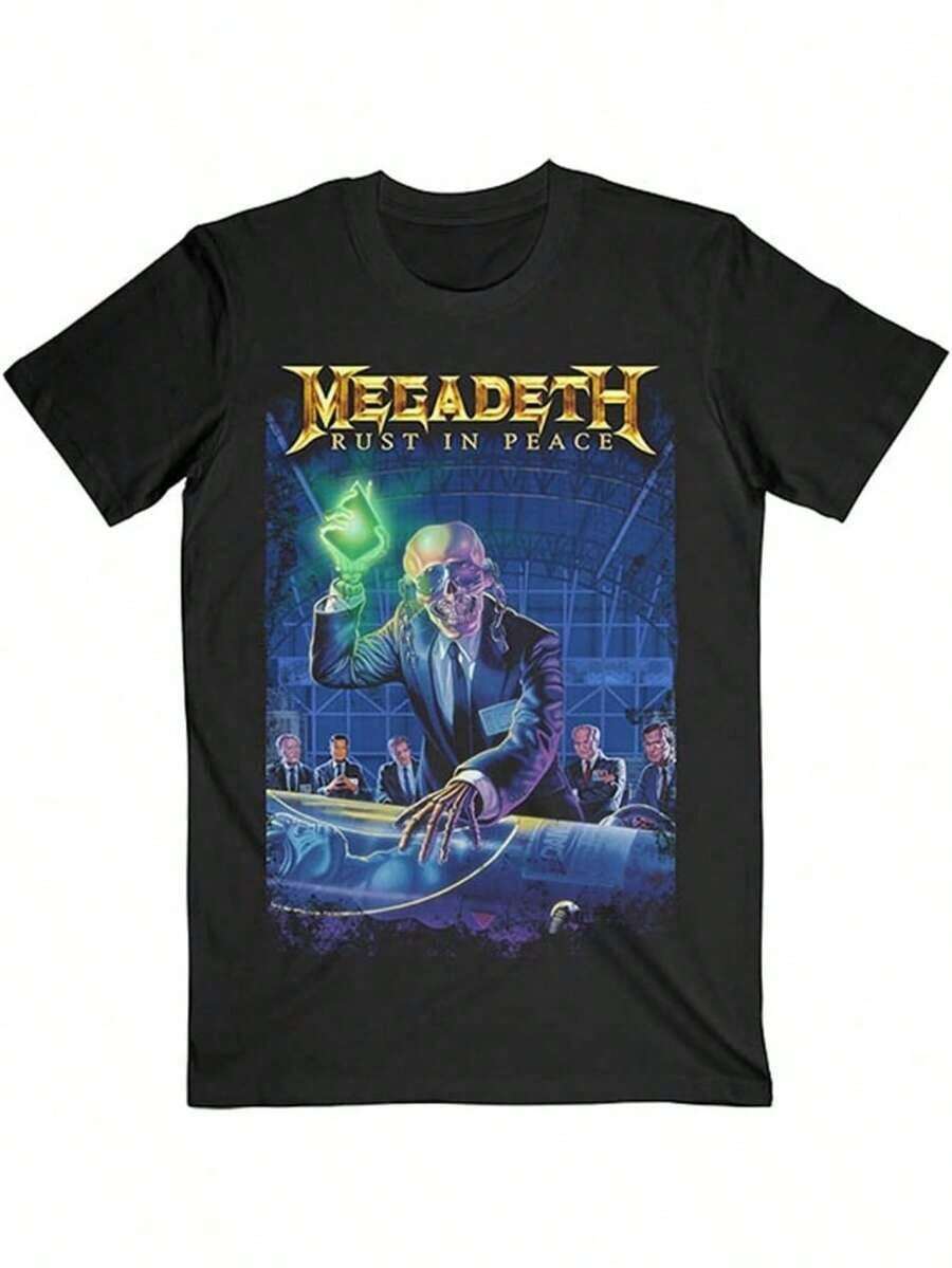 Men's Megadeth Rust In Peace 30th Anniversary Graphic T-Shirt - Slim Fit Crew Neck Short Sleeve, Bold Retro Band Artwork Tee, Machine Washable Summer Casual Shirt For Music Fans - 黑色 - 查看 1