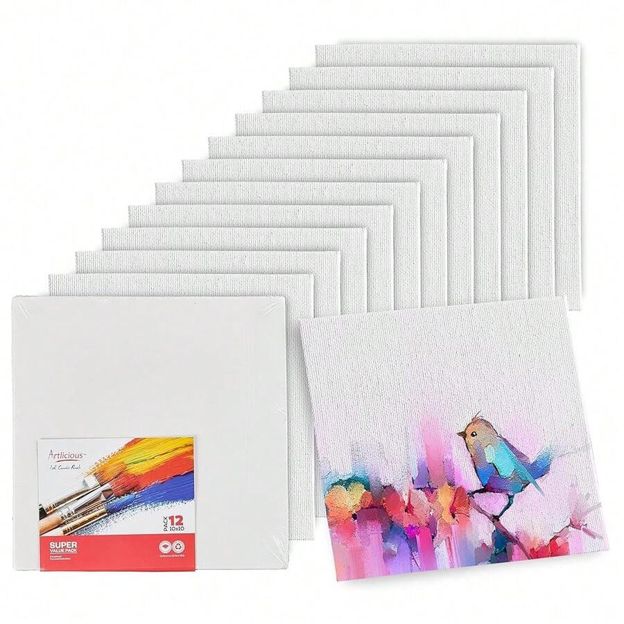 Canvases For Painting - Pack Of 12, 10 X 10 Inch Blank White Canvas Boards - 1OO% Cotton Art Panels For Oil, Acrylic & Watercolor Paint - 10x10吋-12片 - 查看 1