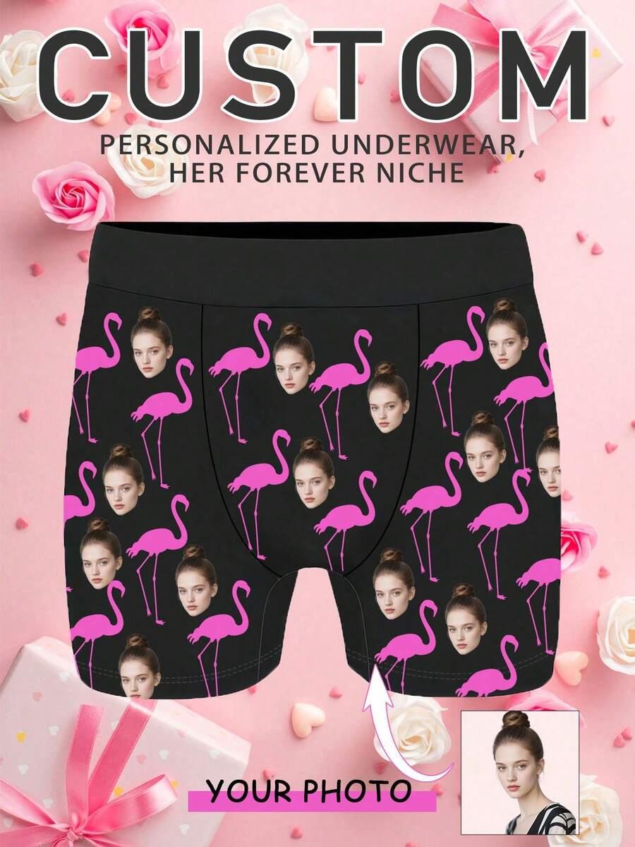 1件定制男士三角裤，黑色底粉色火烈鸟图案，独特个性化礼物，适合送给男友，适合情人节、周年纪念日、生日和其他浪漫场合。 - 彩色 - 查看 1