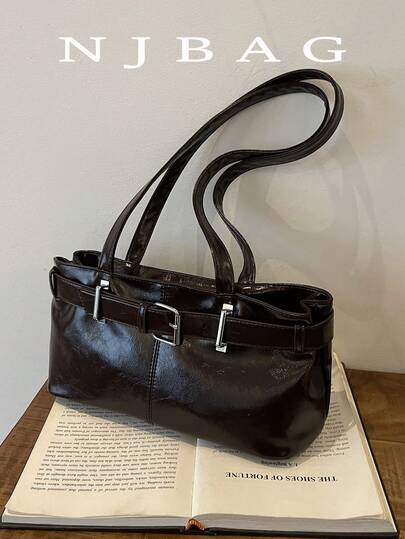 1pc Vintage Large Capacity Tote Bag, Commuter Oversized Underarm Bag, Fashion Motorcycle Handbag, PU Solid Color Oiled Wax Leather, Strap Decor, Zipper Closure, Women's Shoulder Bag For Work, College Student Backpack, Short Trip, Vacation, Shopping, Business, Suitable For Daily Use