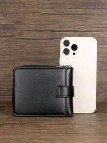 HOVI'S Men Wallet Black Litchi Texture PU Zipper & Snap Button Closure - Multi Card Slots Bill & Coin Pocket New Year Gift Valentine's Day Gift