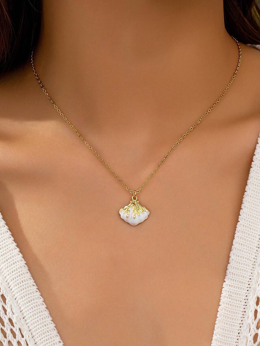 1件白色珐琅优雅时尚贝壳吊坠项链，海洋主题扇贝沙滩项链，适合旅行、派对、度假佩戴 - 彩色 - 查看 1