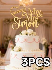 1/3/5pcs Personalized "Bride & Groom" Heart-Shaped Acrylic Wedding Cake Topper, With Names And Date, Best Gift For Newlyweds, Wedding Anniversary, Party Decor, Wedding Cake Decoration, Customized Cake Topper, Rustic Wedding Cake Decor ,Kitchen Utensils, Bachelorette Party, Wedding Merch - Multicolor - View 15