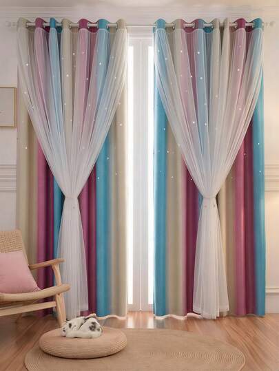 1/2 Paños largo132/160/214cm Cortina Blackout de Doble Capa con Estrellas y Rayas de Colores, Cortinas Opacas y Translúcidas para Ventana, Aislante Térmico y Acústico, Suave Tela Decorativa con Ojales para Barra, Ambiente Romántico y Acogedor para Sala y Recámara, Largo 132/160/214 cm, Colores Rosa, Gris, Morado, Azul y Amarillo Multicolor