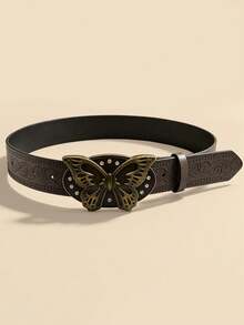 Women's Retro Butterfly Buckle Belt, Brown Embossed Waist Strap With Rhinestones, Bohemian Fashion PU Leather