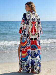 Unisex Japanese Style Peacock & Floral Print Mid-Length Kimono Cover Up Thin Jacket, Elegant Bohemian Streetwear, Spring/Autumn Beach Travel Robe Coat