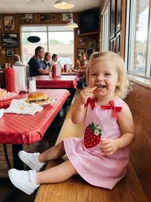 Toddler Little Girls Dresses Strawberry Casual Sundress Striped Bow Sleeveless Pink Tank Summer Dress - 粉色 - 查看 7