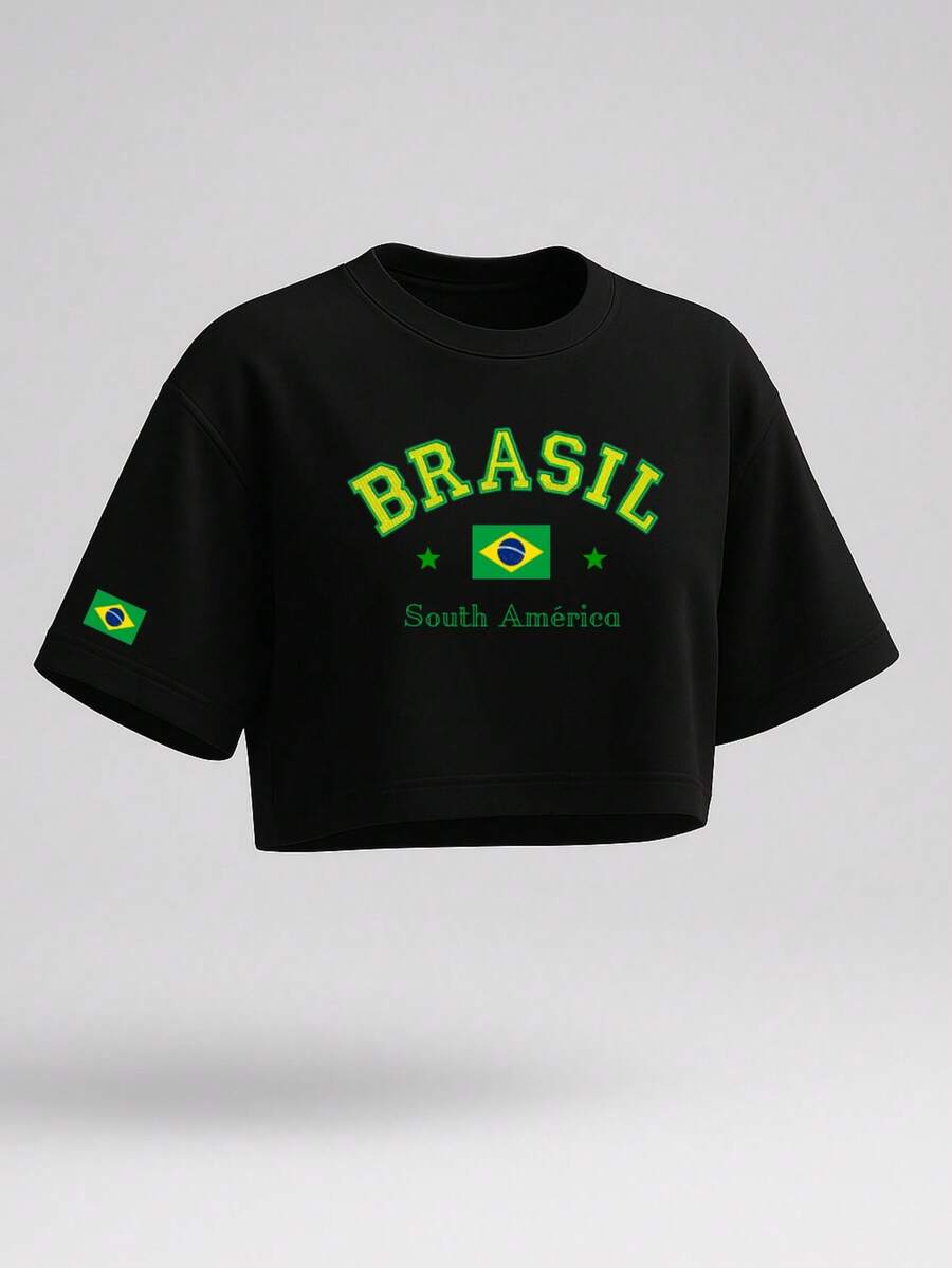 Women's Oversized Cropped Top – Brazilian Flag, Premium Print, Casual Fashion - màu đen - Xem 1