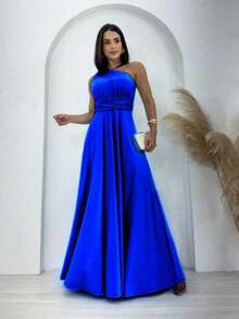 Aghata One Shoulder Long Dress, Solid Color, Elegant Fluity Knit, Women's Party Fashion - 寶藍色 - 查看 1