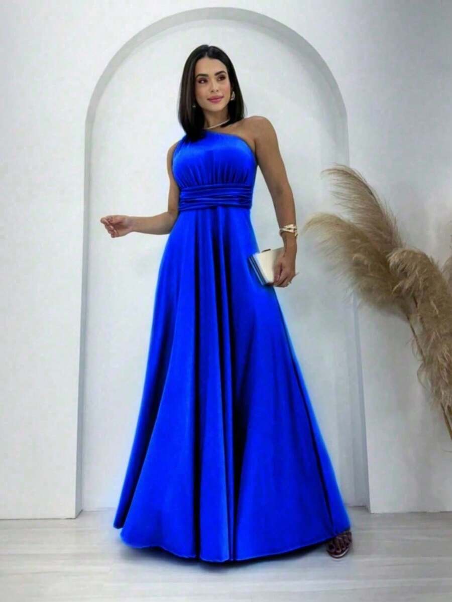 Aghata One Shoulder Long Dress, Solid Color, Elegant Fluity Knit, Women's Party Fashion - 寶藍色 - 查看 1