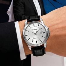 Casio 卡西欧男士商务真皮腕表，白色表盘，日期显示，优雅简约的办公腕表 - 銀色 - 查看 5