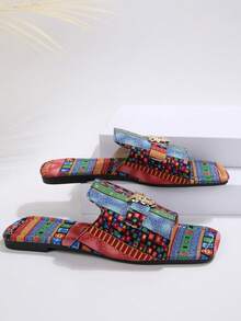 方头平底拖鞋，金属搭扣花卉沙滩凉鞋，女士优雅休闲百搭夏季平底凉鞋 - 藍色 - 查看 10