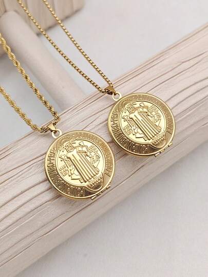 1pc 18K Gold Plated Stainless Steel Vintage Priest Engraved Pendant Necklace, Retro French Round Pendant Necklace, Men Can Store Photos, Religious Saint Benedict Chain