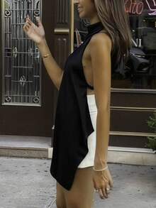Women Y2k Satin Halter Neck Tops Open Back Silk Tank Top Asymmetrical Cami Going Out Tops Pink/Black/White Elegant Camisole Tops Summer Party Club Streetwear Rave Outfit Concert Outfit - 黑色 - 查看 2