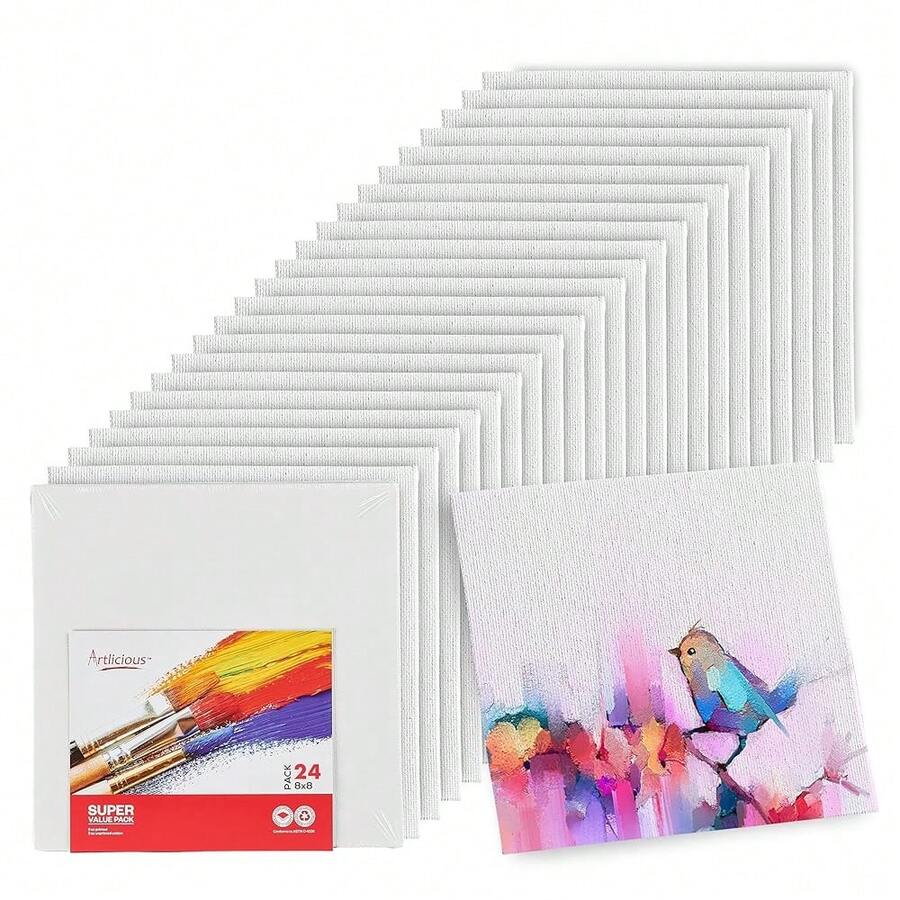 Canvases For Painting - Pack Of 24, 8 X 8 Inch Blank White Canvas Boards - 1OO% Cotton Art Panels For Oil, Acrylic & Watercolor Paint - 8x8吋-24片 - 查看 1
