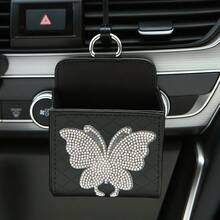 1pc Rhinestone Decor PU Leather Car Air Vent Storage Box, Compact Size Fits Easily On Car Air Vent, Convenient Clip-On Design