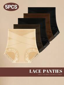 MEIYATING 5条装高腰塑形女士内裤，透气网眼交叉收腹蕾丝边三角裤，日常穿着 - 彩色 - 查看 6