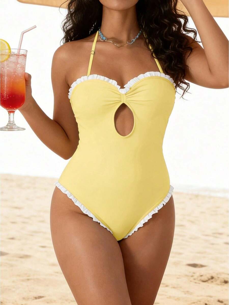Women's Halter Neck Monokini Swimsuits Fashionable Dot Print Sleeveless Ruffle Bathing Suit - 黃色 - 查看 1