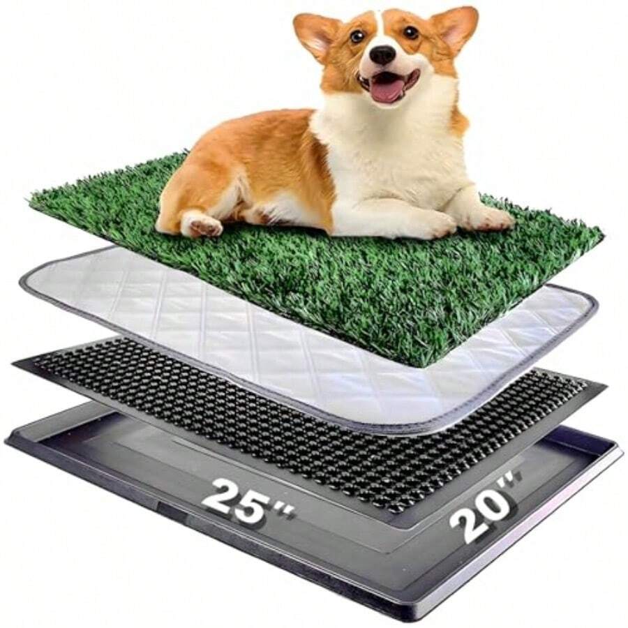 Sistema de orinal para perros de 25 x 20 pulgadas almohadilla de zacate para orinar para perros con bandeja para interiores y exteriores almohadilla de zacate realista con almohadilla lavable y - Negro Verde - Ver 1