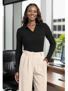 Polo Shirts Long Sleeve Business Casual Tops Collared V Neck Ribbed Knit Sweater Slim Fit Blouses - màu đen - Xem 2