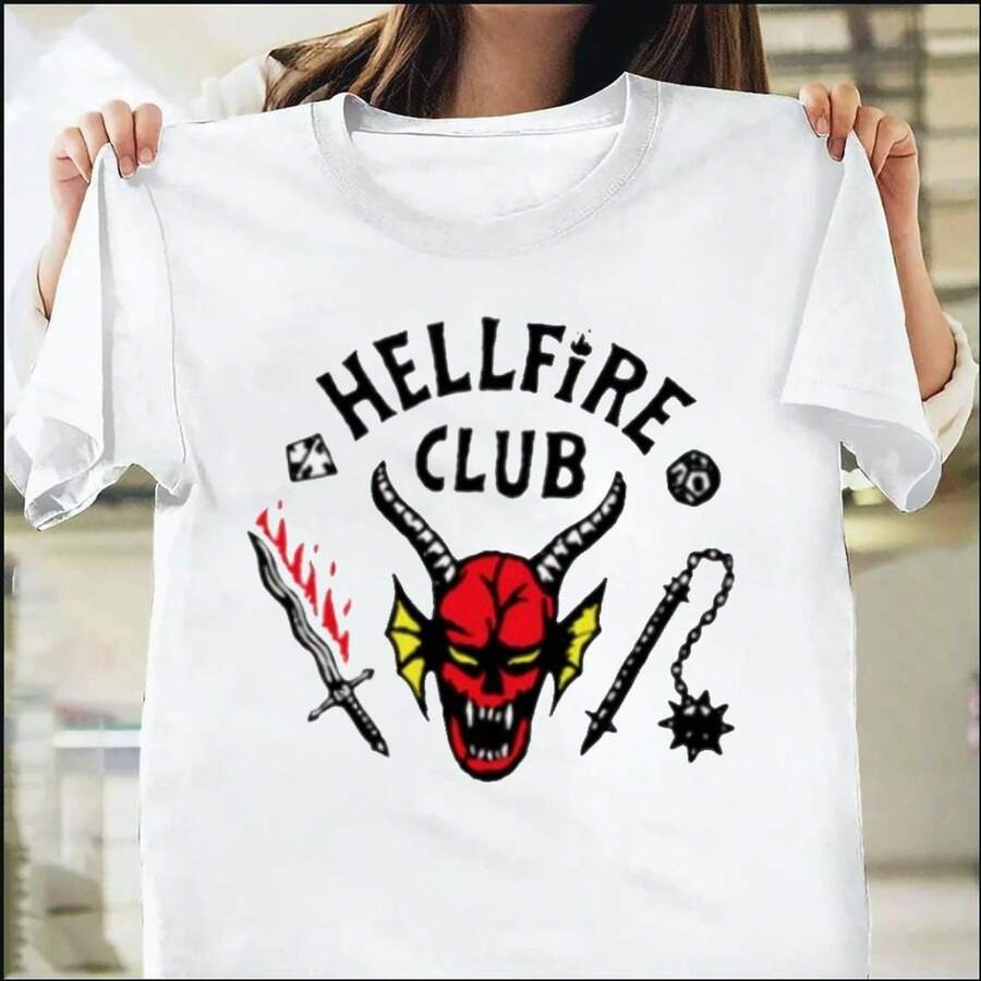 Youngsters' Graphic Cotton Round Neck T-Shirt, Stranger Style Up Side Down Things Shirt, Black Tee With Hellfire Club Elements, Regular Length, Fantasy/Occult Art Print Tops, Perfect Gift For Festivals Or Events, Playful Design, Vintage, Retro Teen Girls Clothing. Anime T-Shirt - Graphic T-Shirt, Street Style Graphic T-Shirt, Suitable For Role Playing, Casual Men's T-Shirt, High-Quality Cotton Comfortable Version, Anime Fashion For Comic Lovers - 白色4 - 查看 1