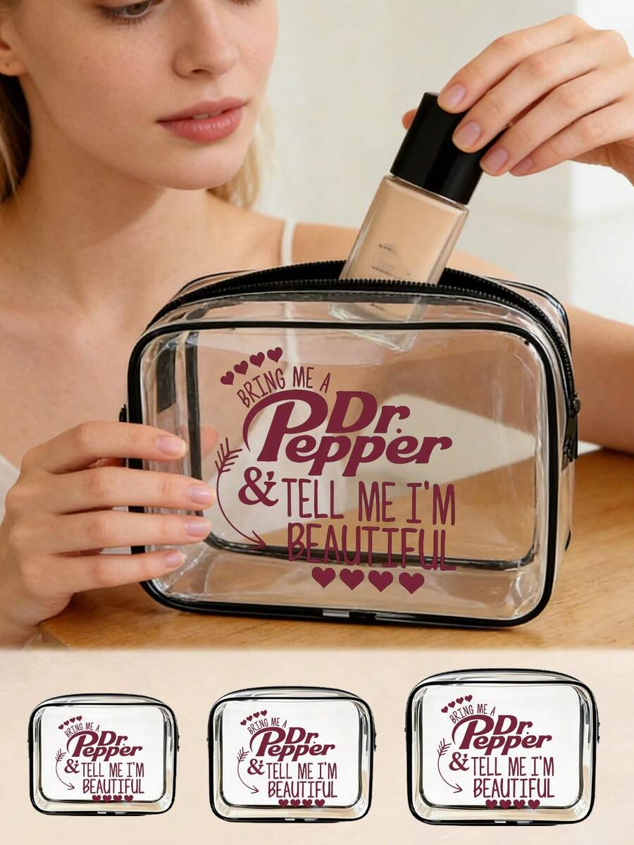 Transparent Zippered Cosmetic Bag Features The Dark Red Letters And A Heart. Lightweight, Portable, Waterproof, Dustproof, Stylish, And Simple,Serves As A Cosmetic Organizer, Toiletry Bag, Back-To-School Essentials Organizer