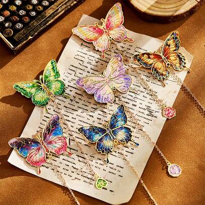 1pc Vintage Oil Painting Butterfly Metal Bookmark, Durable Metal Material, High-Quality Ins Style, Cute Pendant Book Clip, Bookmark, Student Reward Small Gift, Office Supplies, School Supplies, Study Supplies