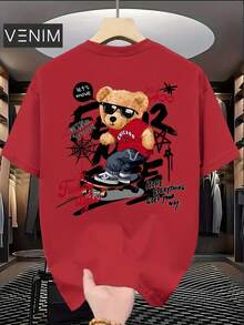 Camiseta Básica Unissex Streetwear Camisa Verão Confortável Preta Masculina T-Shirt Slim Algodão Urso Skate - Vermelho - Visão 1
