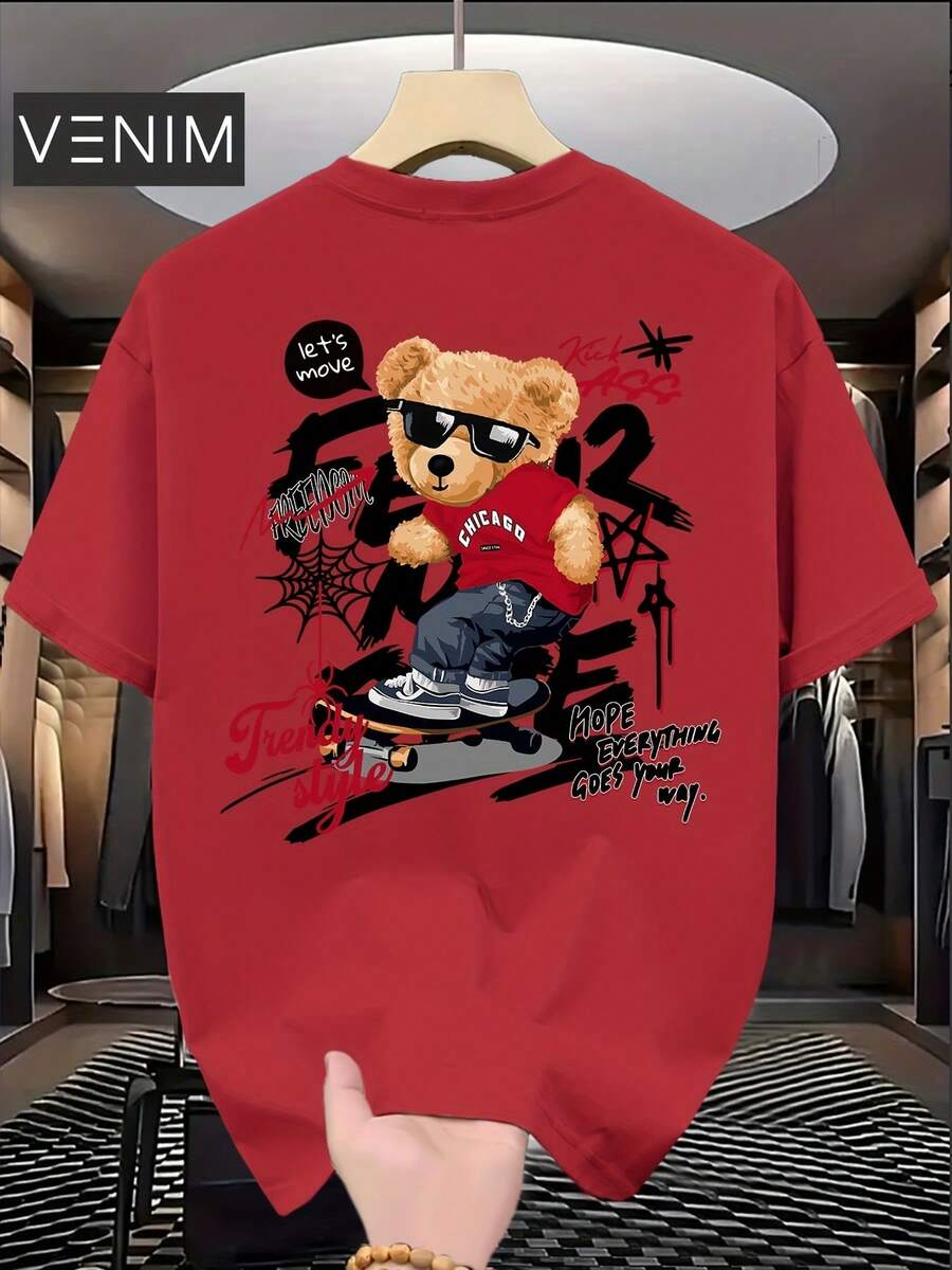 Camiseta Básica Unissex Streetwear Camisa Verão Confortável Preta Masculina T-Shirt Slim Algodão Urso Skate - Vermelho - Visão 1