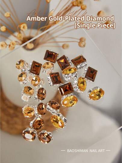 BAOSHIMAN Amber Color Square, Oval Nail Gems, Luxury Nail Art Accessories, Rhinestone Nail Jewelry For Women, Suitable For Acrylic Nail Design, Crystal, Half Round And DIY Nail Art Decorations, Valentine's Day, New Year Nail Supplies Nails