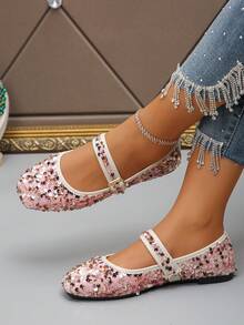 Plus Size EU35-43 Fashionable Sequin Square Toe Flat Shoes, Slip-On Casual Wear, Suitable With Dresses, Multi-Color Patterns Random - Pink Gold Glitter - View 3